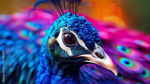 Close-up of a beautiful peacock. Intense colors. Generative AI. photo