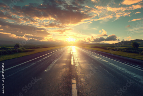 Straight asphalt road with sky clouds background at sunset. © Nico
