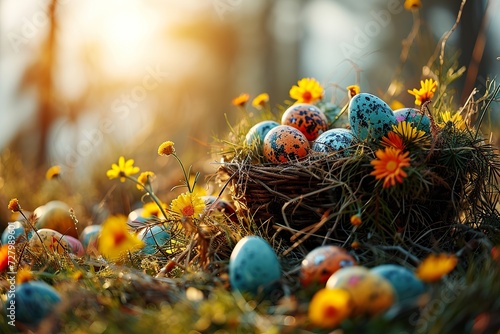 Colorful easter eggs in a basket on the meadow. Ai generative