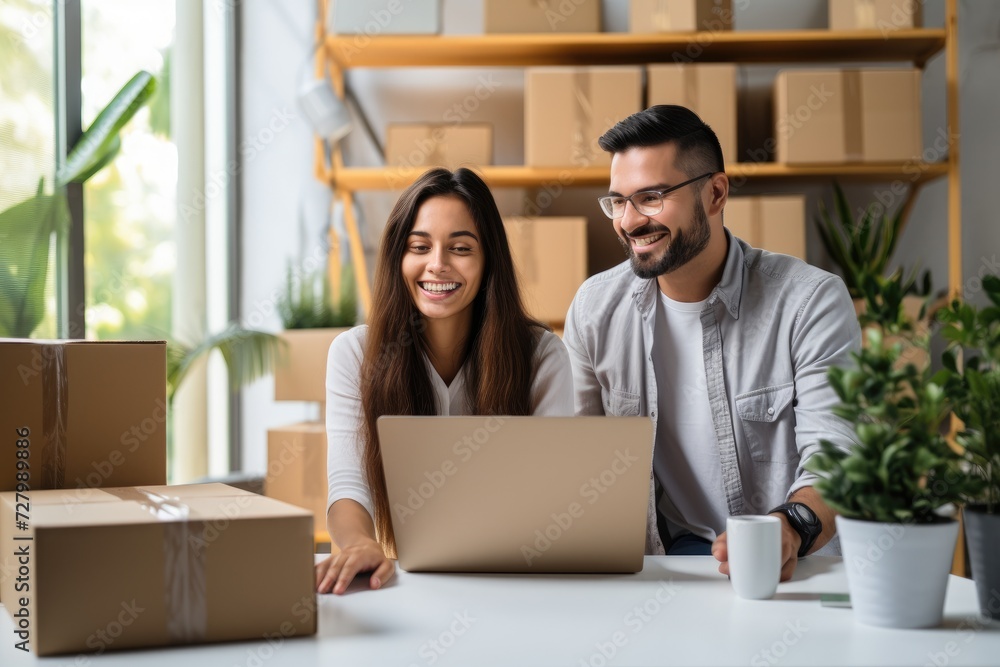 Smiling young couple managing a successful e-commerce startup from home, surrounded by packages ready for dispatch. Smiling young couple managing a successful e-commerce startup from home, surrounded by packages ready for dispatch.