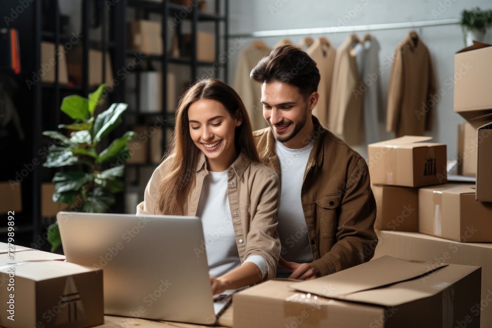 Smiling young couple managing a successful e-commerce startup from home, surrounded by packages ready for dispatch. Smiling young couple managing a successful e-commerce startup from home, surrounded by packages ready for dispatch.