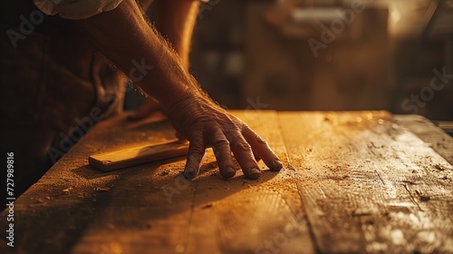 Woodworker, craftsmanship, Delicate handwork in woodcarving captured in the warm glow of afternoon light within a traditional workshop