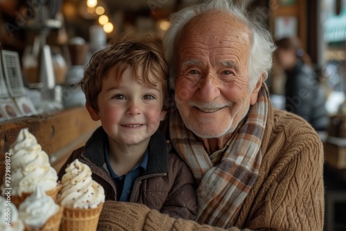 An unlikely duo, the wrinkled smile of the old man mirrors the gleeful expression of the young boy as they enjoy their dairy delights in the comfort of an indoor space