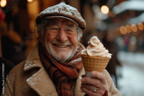 A stylish man braves the winter streets, wearing a hat and holding an ice cream cone, indulging in the sweet treat despite the cold