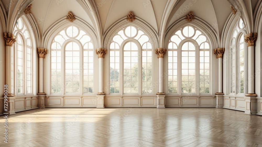 Empty elegant spacious room with big windows, empty banquet hall  warm sunlight, and wooden floors.