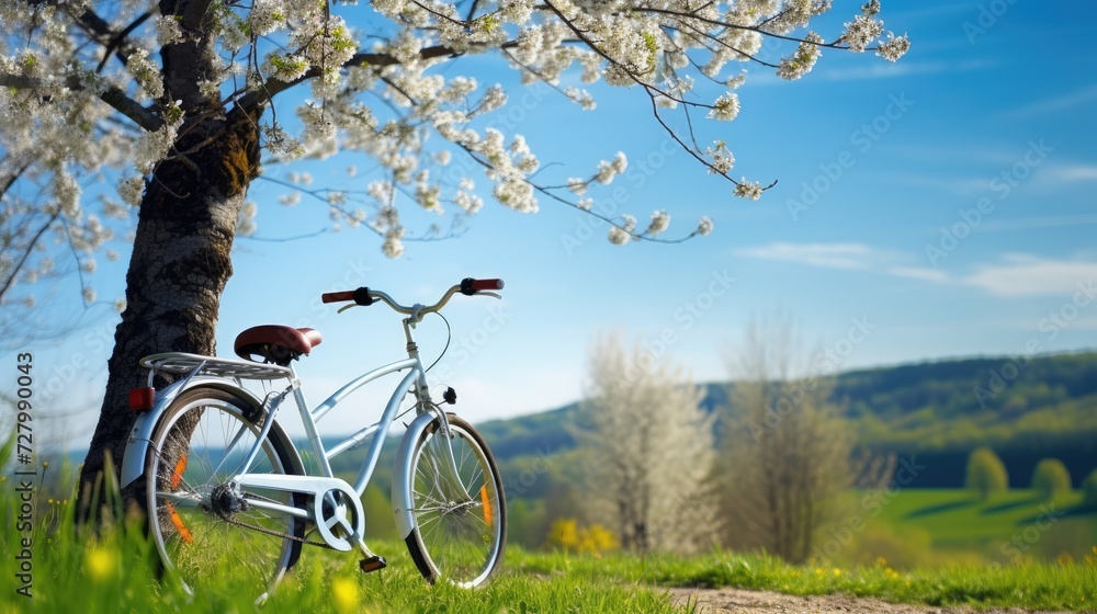 Fototapeta premium Beautiful landscape with a Vintage bicycle on a flowering meadow against a blue sky.