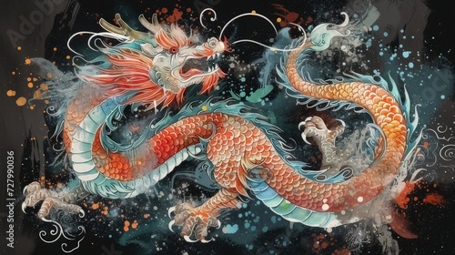 In celebration of the Lunar New Year, a watercolor depiction of a Chinese dragon is created in the vibrant style of manga 