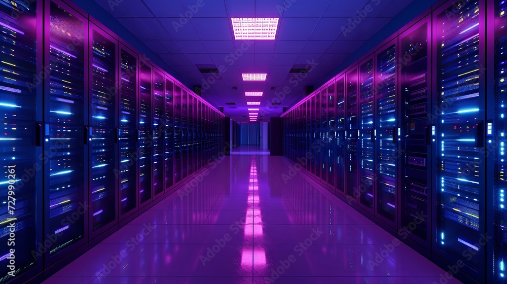  Futuristic server room with illuminated racks in a high-tech data center