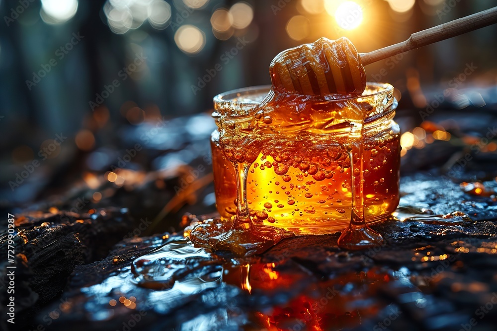 Freshly harvested honey in a jar against the background of sunrise. Ai generative - obrazy, fototapety, plakaty 