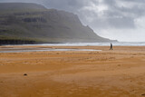 Rauðasandur (Red Sand) beach in Westfjords, Iceland. One person in distance walking on beautiful endless beach with sand that changes color depending on the weather and time of day