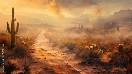 Golden Hour in the Desert: A Breathtaking View of Cacti and Mountains Under a Majestic Sunset Sky