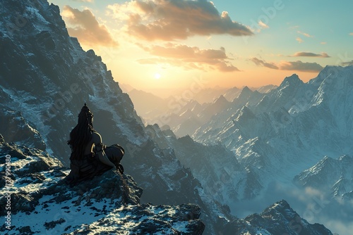 Hindu God meditates in the mountains. Ai generative photo