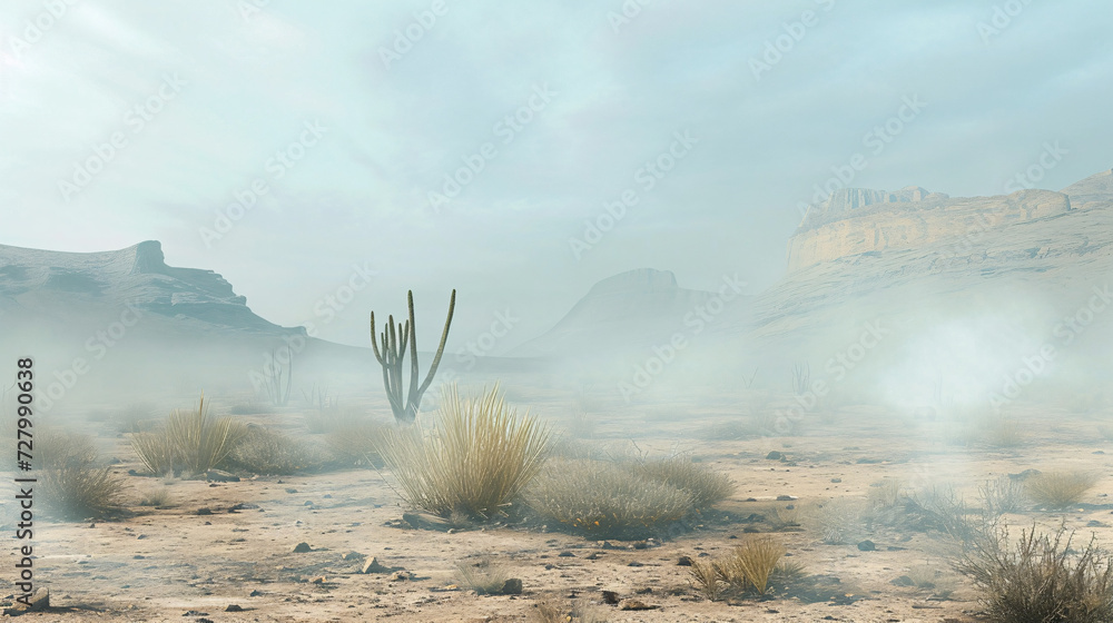 Fototapeta premium Mystical Desert Landscape with Fog, Cacti, and Rugged Mountains - High-Quality Nature Photography