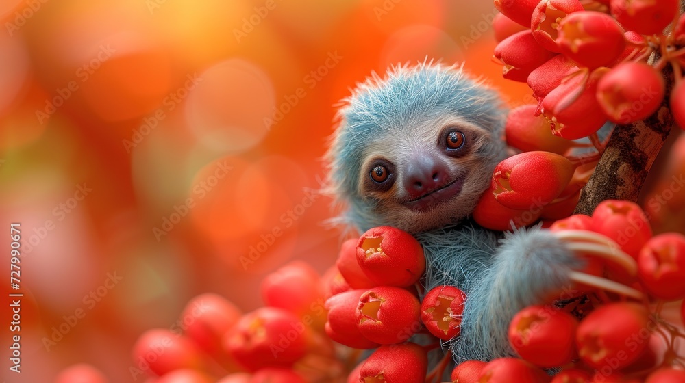 a close up of a baby sloth on a tree with red berries in the foreground and a blurry background. a close up of a baby sloth on a tree with red berries in the foreground and a blurry background.