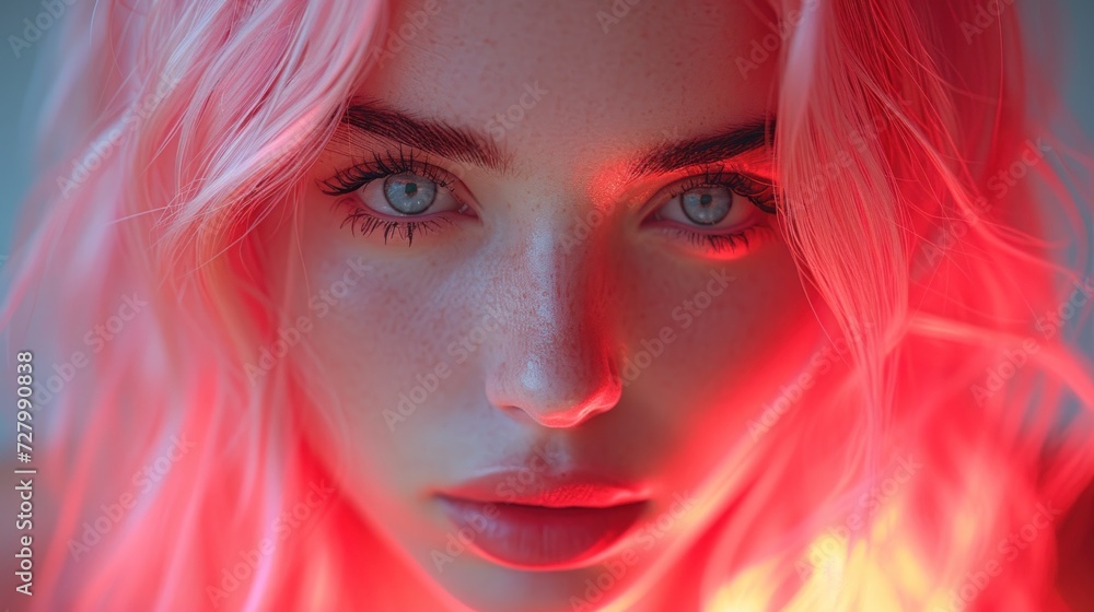 a close up of a woman's face with red light coming out of her eyes and her hair blowing in the wind. a close up of a woman's face with red light coming out of her eyes and her hair blowing in the wind.