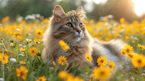 a cat laying in a field of flowers with a tiara on it's head and looking at the camera.