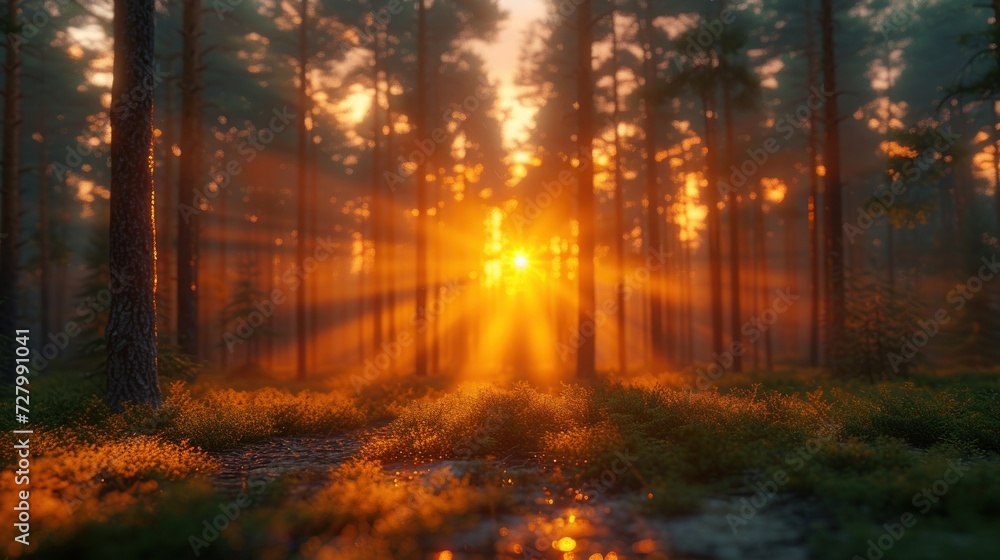 the sun is setting in the middle of a forest with tall trees and yellow flowers in the foreground and a puddle of water in the middle of the foreground.