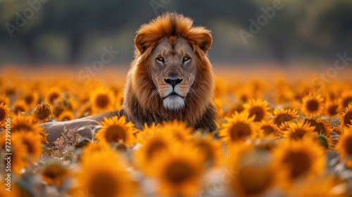 a lion sitting in a field of sunflowers with a lion's head sticking out of the middle of the photo.