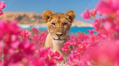 a close up of a lion in a field of flowers with a body of water and mountains in the background.