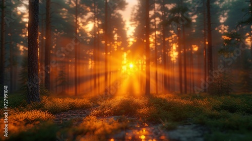 the sun is setting in the middle of a forest with tall trees and yellow flowers in the foreground and a puddle of water in the middle of the foreground.