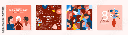 Collection of greeting card or postcard templates with women of different nationalities, flower bouquet in vase and Happy Women's Day wish. Modern festive vector illustration for 8 March celebration.