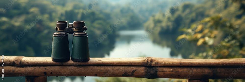 banner with copy space and luxury compact binoculars on a balcony rail overlooking a lush forest, suggesting the idea of exploring the natural beauty in a discreet and luxurious manner during travel - obrazy, fototapety, plakaty 