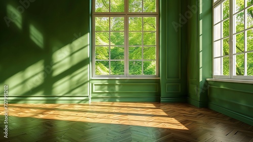 Spacious interior with sunlight casting shadows on a herringbone floor