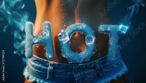 The text "HOT" in contradiction as an ice cube over the stomach of a woman in denim shorts