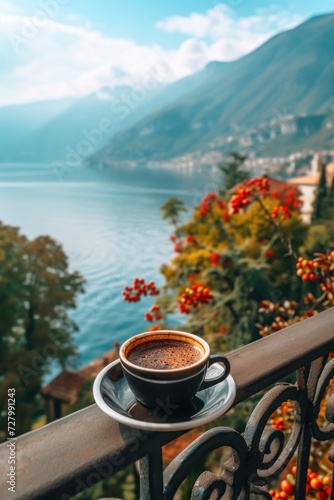 A perfect cup of gourmet coffee on a balcony overlooking a serene lake, perfect for use in travel or lifestyle marketing to evoke the leisurely pace of quiet luxury travel.