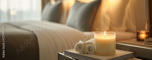  luxury travel-themed candle on a nightstand in a softly lit bedroom, for a marketing campaign or website for high-end hotels or travel agencies promoting relaxing and upscale accommodation experience photo