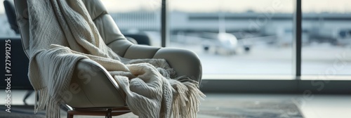 luxury travel shawl draped over a chair in an airport lounge, also useful for depicting the upscale travel experience in marketing materials for airlines or luxury travel lounges. photo