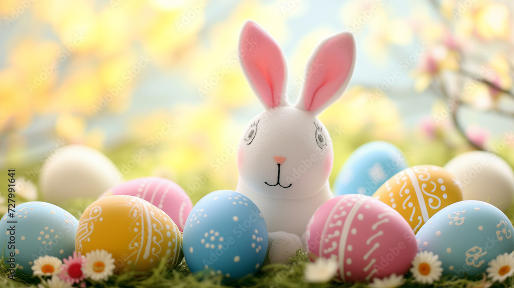 A cute toy bunny with Easter eggs on colorful background.