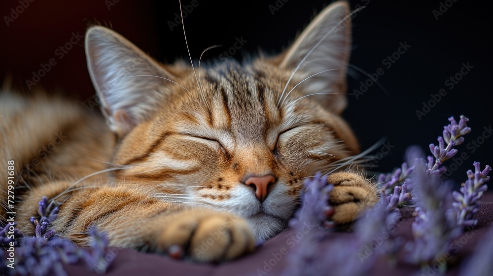a close up of a cat laying down with its eyes closed and it's head resting on a purple flower. a close up of a cat laying down with its eyes closed and it's head resting on a purple flower.