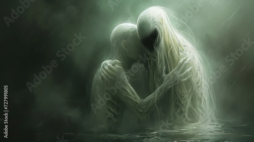 a painting of a couple hugging in the water in a dark, foggy, foggy, and spooky scene.
