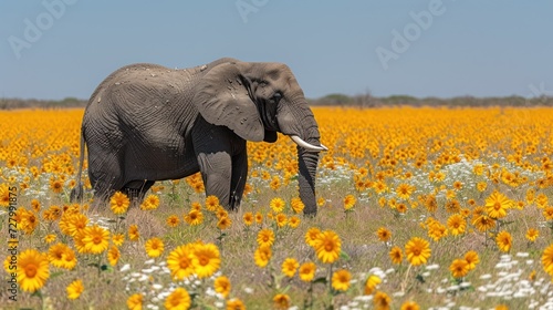 an elephant in with a blue sky background and foreground.