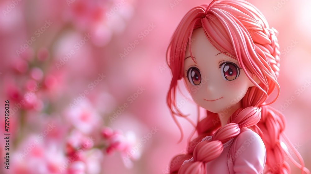 a close up of a doll hair pink dress background tree foreground.
