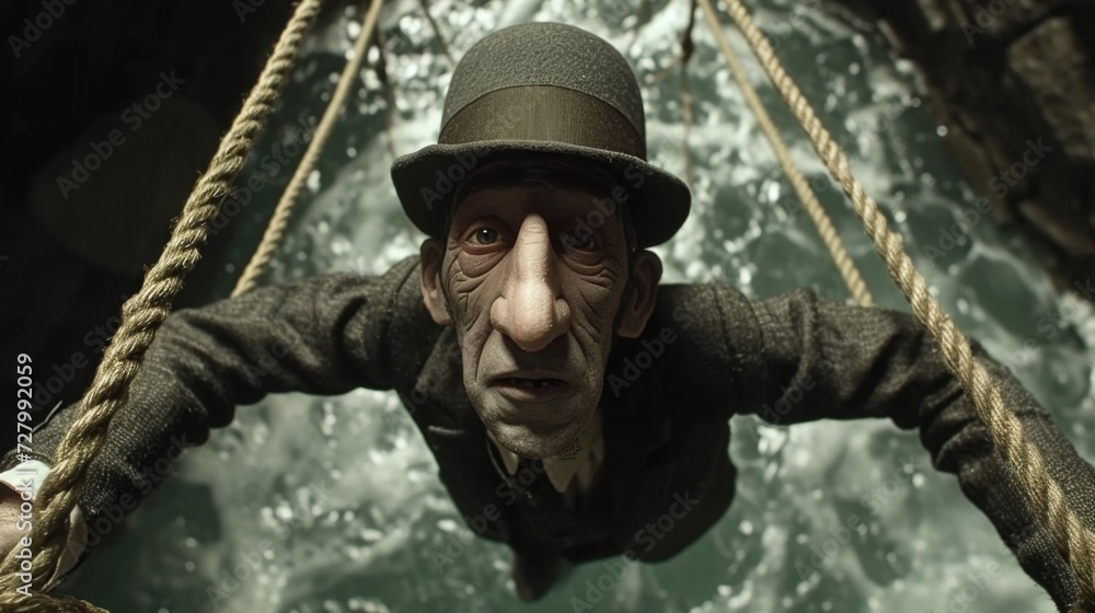 Obraz premium A man in a top hat and suit is hanging from ropes, AI