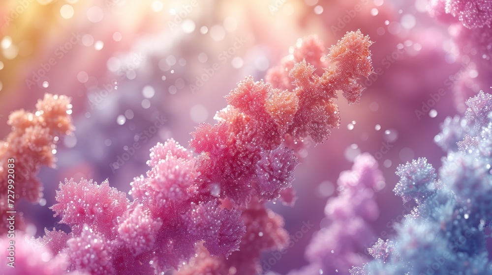 a close up of a bunch of pink and blue flowers with drops of water on them and a blurry background. a close up of a bunch of pink and blue flowers with drops of water on them and a blurry background.