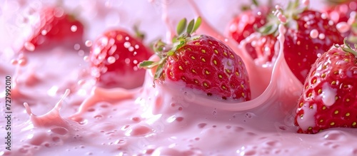 An Exquisite Image of Succulent Strawberry Milk Delights the Senses with its Richness: An Irresistible Combination of An Image, Strawberry, and Milk photo