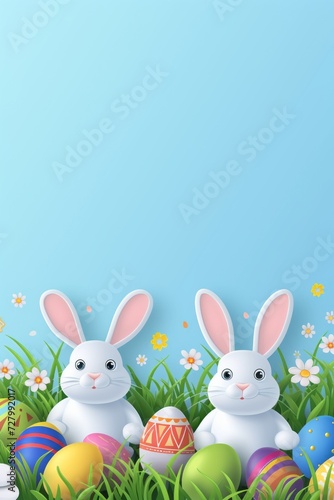 Easter bunny with eggs and flowers on blue background, paper art style