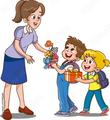 Kids student giving bouquet of flowers to her teacher, Flat simple illustration for happy teachers day. 