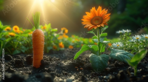 a close up of a carrot and a sunflower on a dirt ground with grass and flowers in the background.