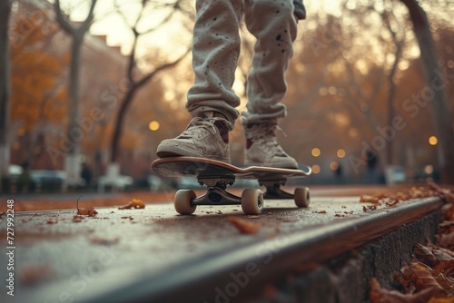 A skilled skateboarder glides effortlessly through the park, surrounded by trees and outdoor scenery, showcasing their love for the adrenaline-fueled sport and their trusty skateboarding equipment