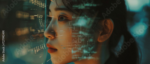 A woman's face merges with digital data streams, symbolizing AI and technology infusion