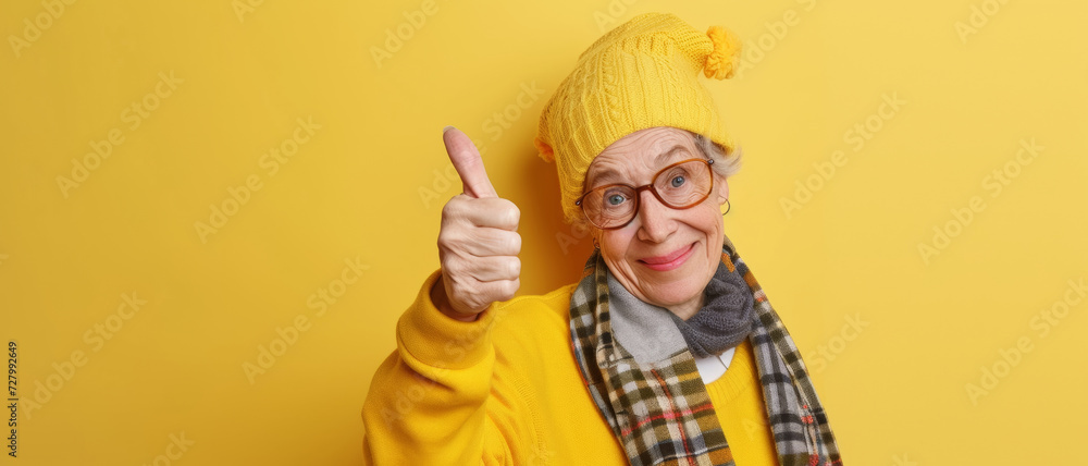Vibrant elderly woman giving a thumbs up against a yellow background, embodying positivity and aging with zest Vibrant elderly woman giving a thumbs up against a yellow background, embodying positivity and aging with zest