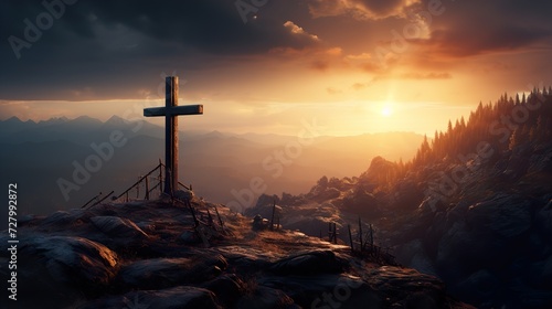 Religious christian cross crucifixion on top of mountain at sunset. AI Generative.
