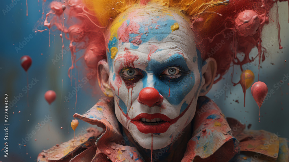 Haunting Clown Portrait with Melting Makeup and Dripping Paint in a Dark Atmosphere
