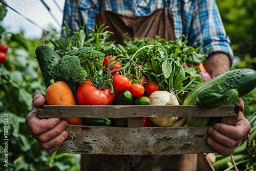 The farmer keeps his fresh harvest in a wooden box. Ai generative