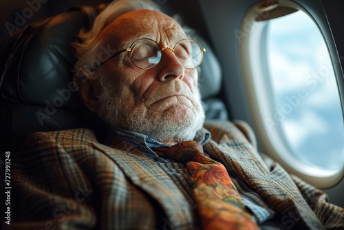 A portrait of a wise, tired man peacefully dozing on a plane, his wrinkled face framed by a bushy beard and glasses, reflecting a lifetime of stories and experiences photo