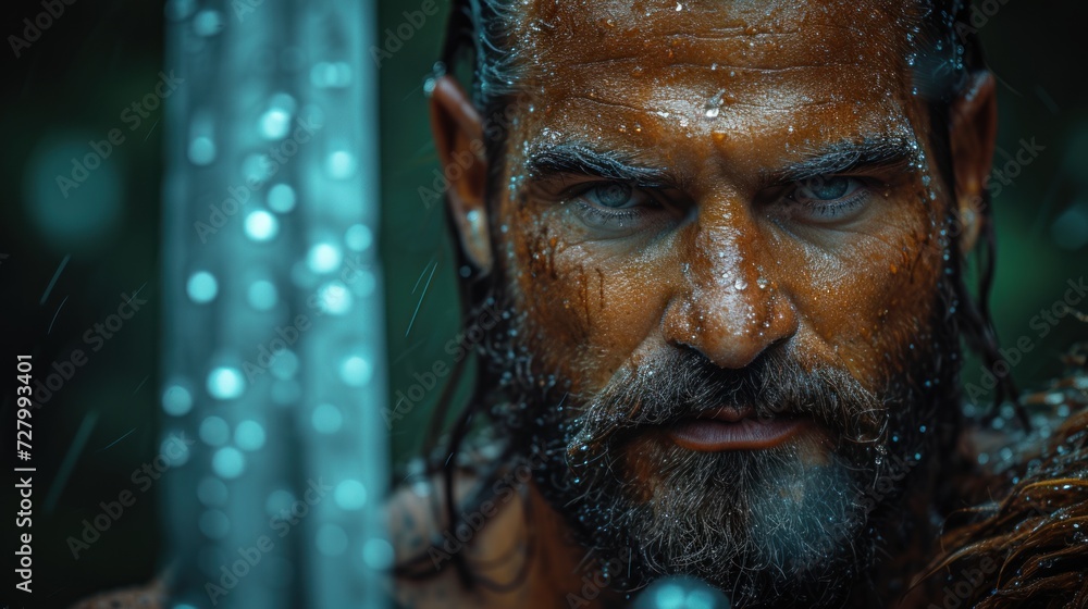 a close up of a man with wet hair and a beard holding a sword with rain drops on his face.